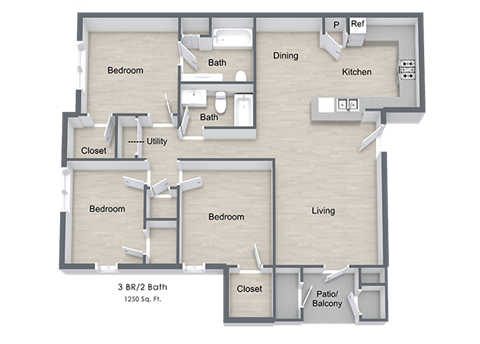 Floor plan for 3 beds, 2 baths, 1250 sqft